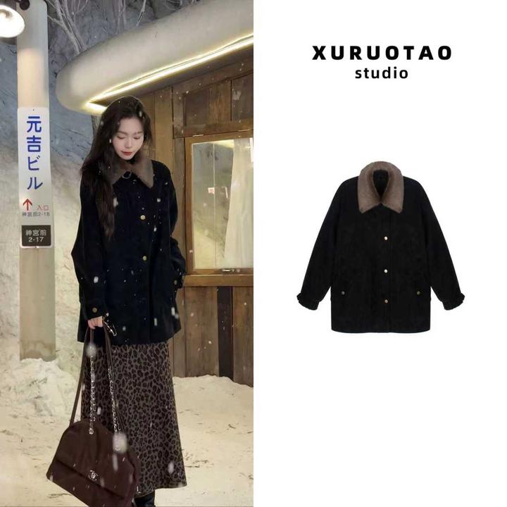 XURUOTAO 【富士山】PU皮可拆卸毛领时髦设计显瘦黑色外套 T5738