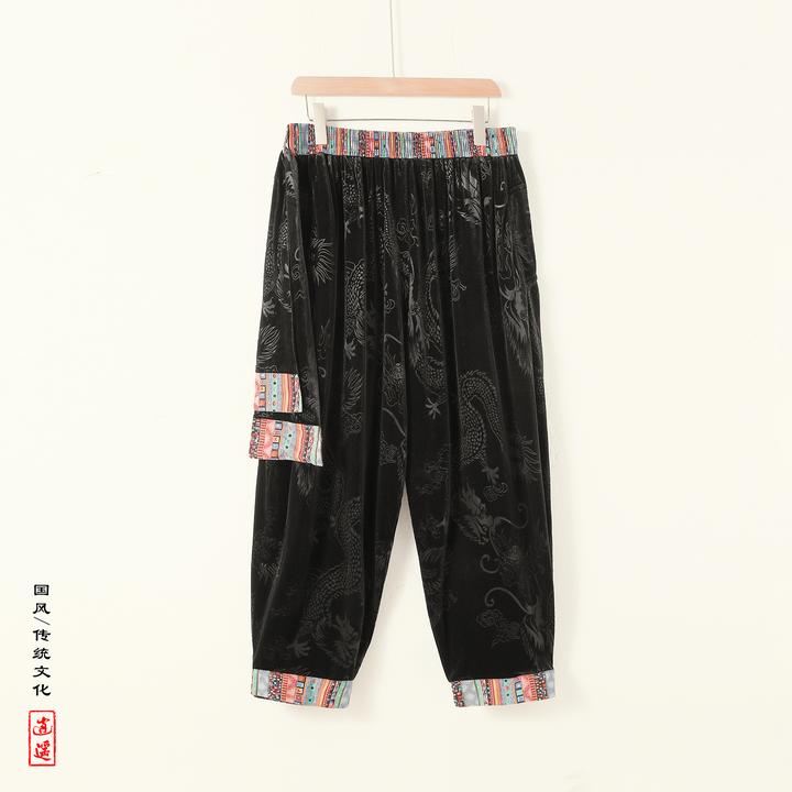 新中式民族风印花休闲哈伦裤男秋季中国风大码宽松垂感直筒运动裤