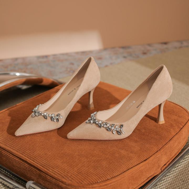 【悠闲美品牌】绒面水钻细跟高跟鞋女鞋气质单鞋浅口气质职业设计感