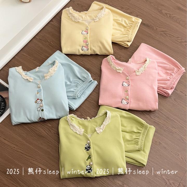 『冬日乐园』秋冬睡衣女亲肤磨毛绒保暖花边带胸垫长袖家居服套装