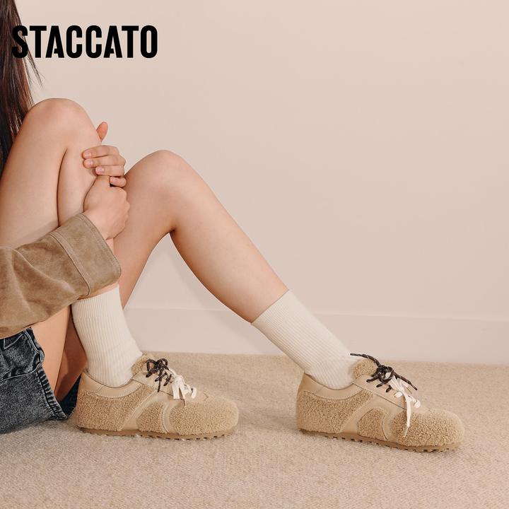 思加图2025冬季新款复古毛毛鞋德训鞋保暖平底鞋系带女鞋S2901DM5