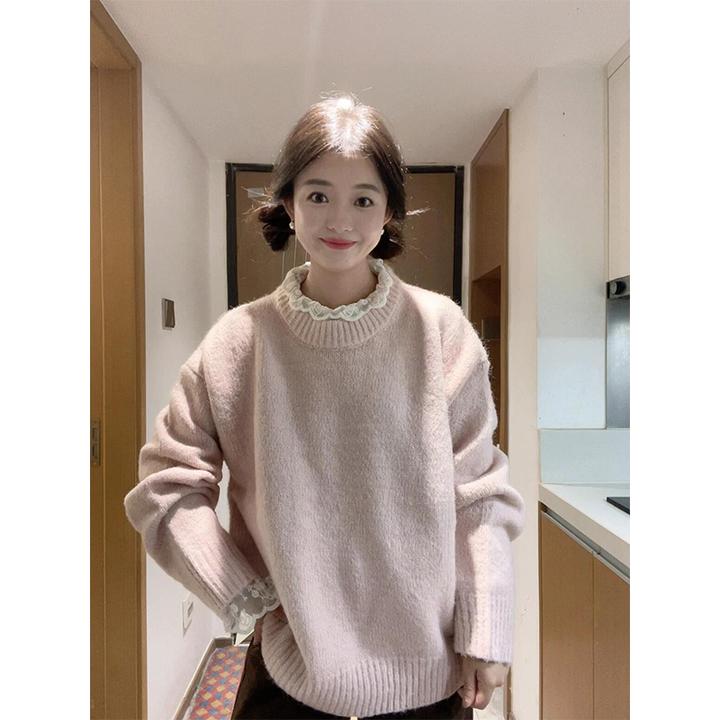 MARIE.COCO温柔风粉色毛衣女秋季新款慵懒松弛感软糯针织衫上衣