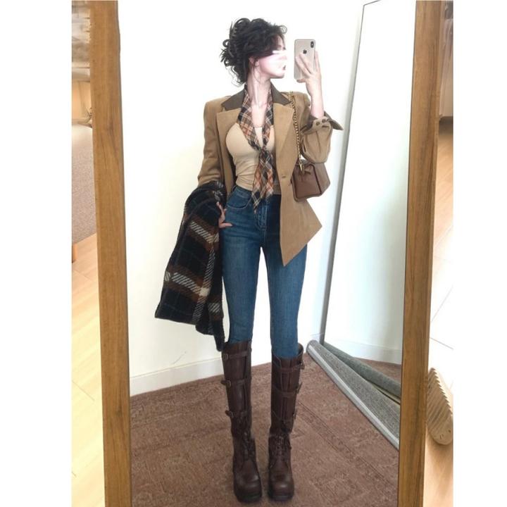 雪千羽复古高腰小个子小脚牛仔裤女2025秋冬紧身弹力加绒铅笔裤子