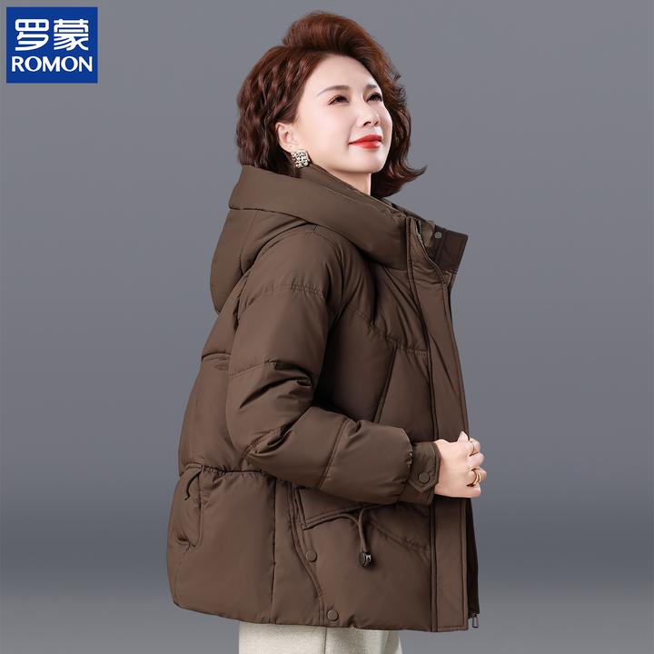 罗蒙妈妈冬装保暖棉衣新款纯色连帽外套中老年女冬季短款羽绒棉服