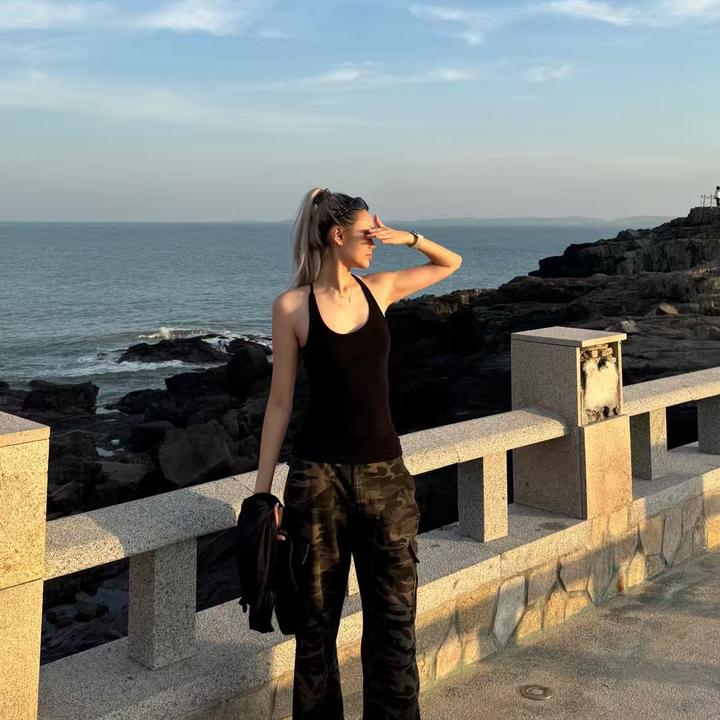 Hey Here｜美式复古辣妹迷彩直筒微喇裤街头工装中腰拖地牛仔裤