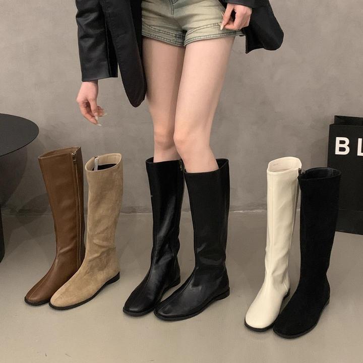 复古卡其色长筒靴女鞋2025秋冬新款不过膝圆头平底绒面高筒长靴女