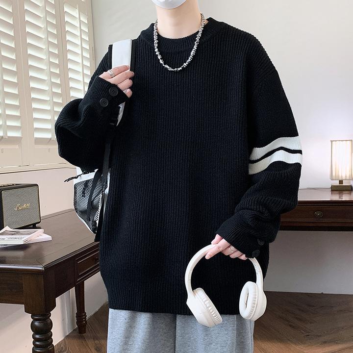 日系慵懒风针织毛衣男女冬季休闲内搭打底衫条纹休闲圆领长袖上衣