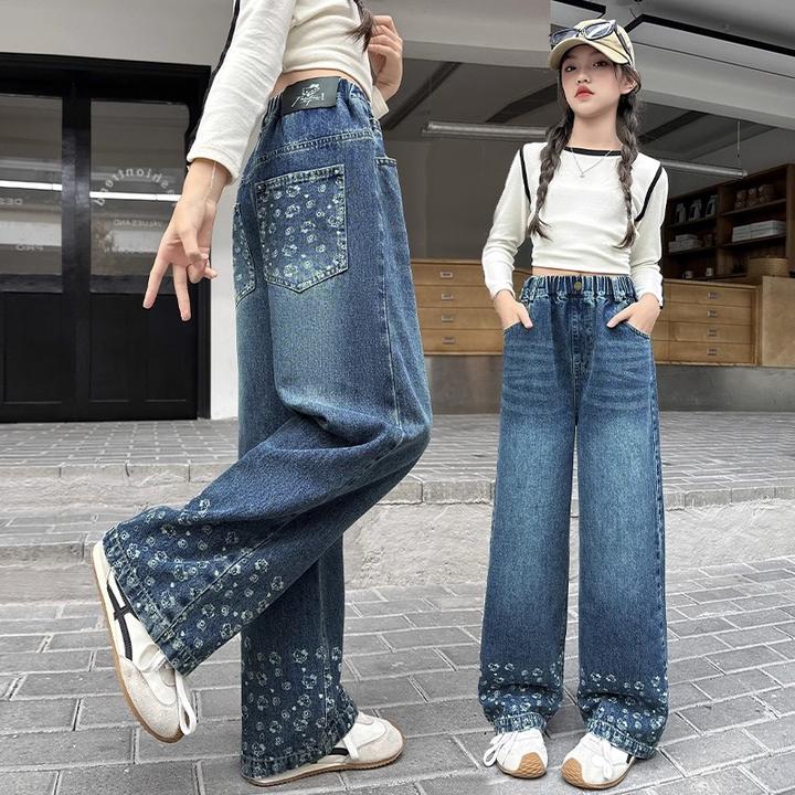 女童阔腿牛仔裤秋季2025新款中学生超好看裤子女大童秋装直筒长裤