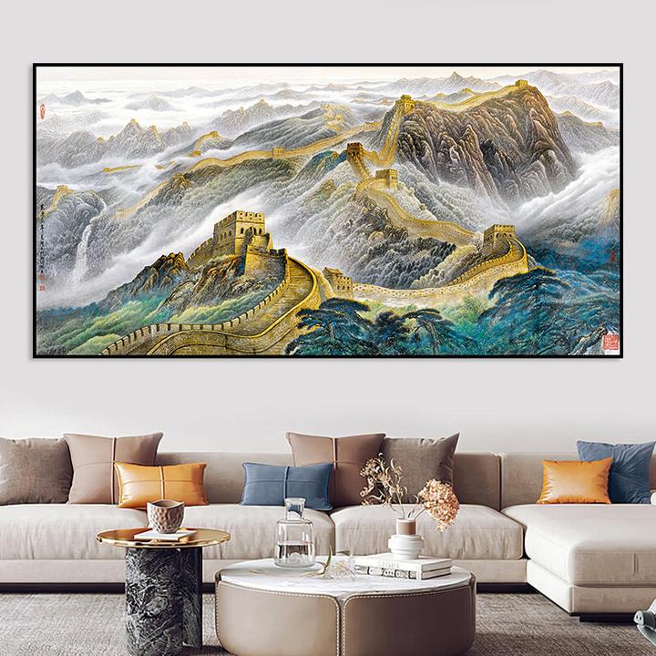 万里长城客厅山水画墙贴沙发壁画自粘装饰画流水生财墙壁贴纸画