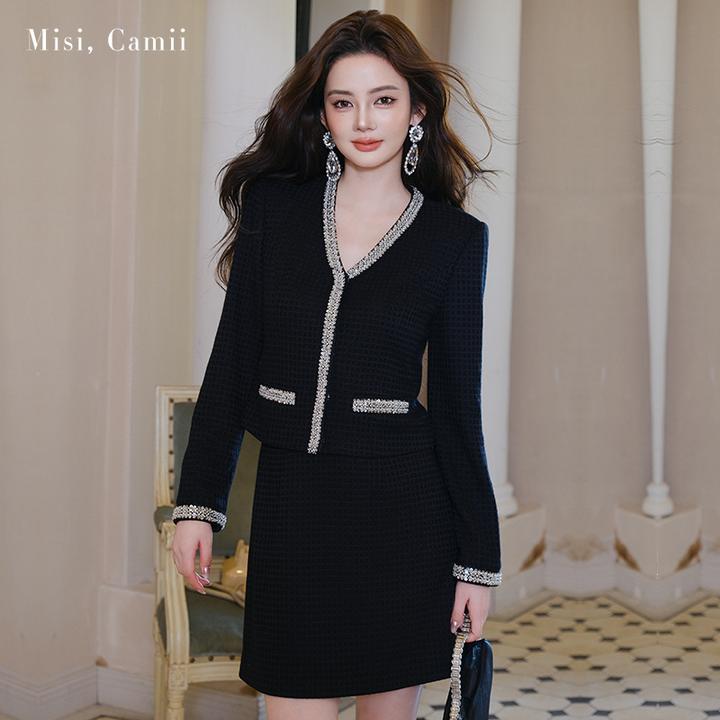 Misi,Camii2025早秋新款女装钉钻织带箱型V领外套名媛小香风穿搭