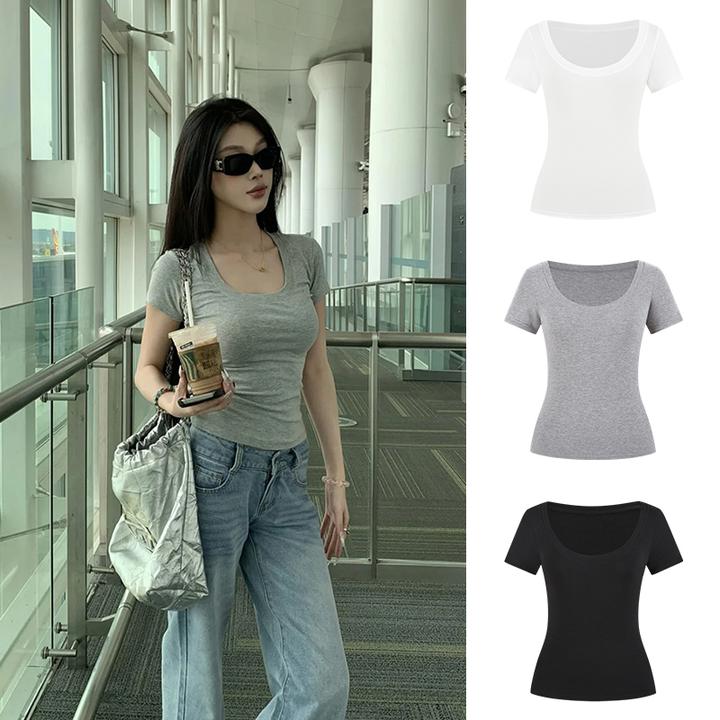 大U领正肩短袖T恤修身基础款辣妹短款上衣