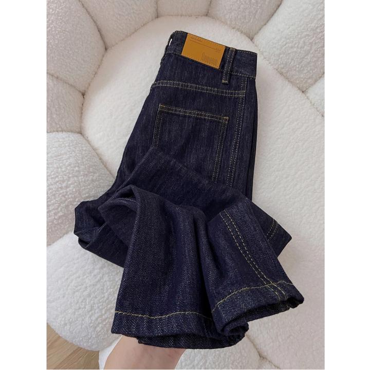 拉夏贝尔深蓝色阔腿牛仔裤女春秋新款复古高端显瘦垂感拖地直筒裤