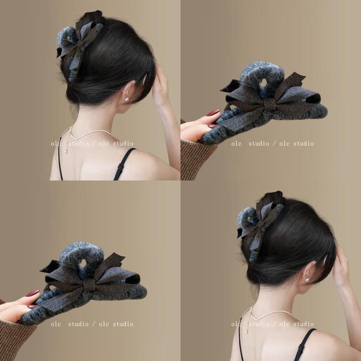 质感深灰~蝴蝶结绒抓夹女高级感2025新款时尚ins盘发鲨鱼夹