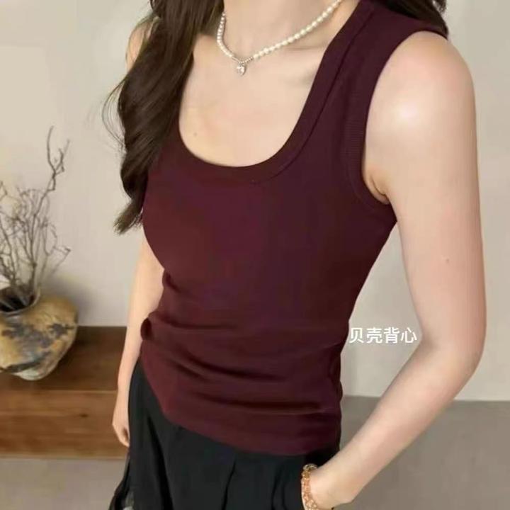 森色系8903螺纹磨毛宽肩带背心女修身显瘦带胸垫免穿文胸打底上衣