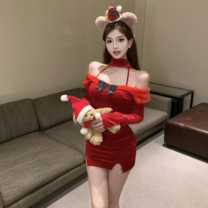 圣诞辣妹纯欲长袖丝绒紧身包臀连衣裙女裙子性感红色修身挂脖女装