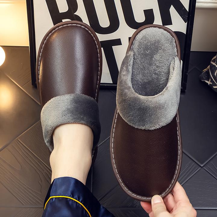 温纽旺秋冬季男女居家用厚底室内防滑真皮面防水冬天保暖牛皮拖鞋
