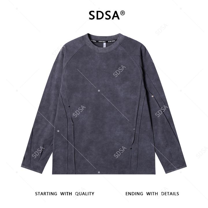 SDSA男士秋冬新款痞帅男装潮牌扎染褶皱铆钉圆领长袖T恤休闲时尚