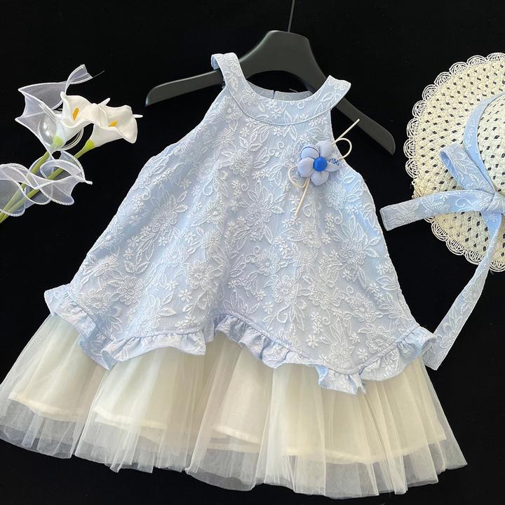 女童夏季立体花朵连衣裙2025新款儿童夏天度假风挂脖无袖公主裙潮