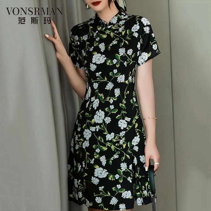 新中式印花洋装女2025夏季新款覆古气质国风黑色改良旗袍短裙子女