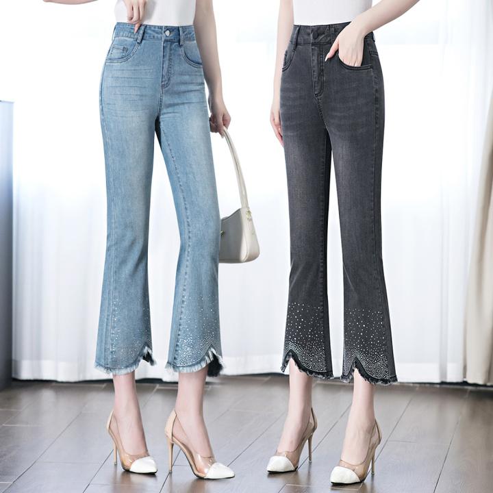 2025夏季薄款开叉烫钻微喇裤高腰显瘦牛仔裤时尚休闲百搭修身宽松