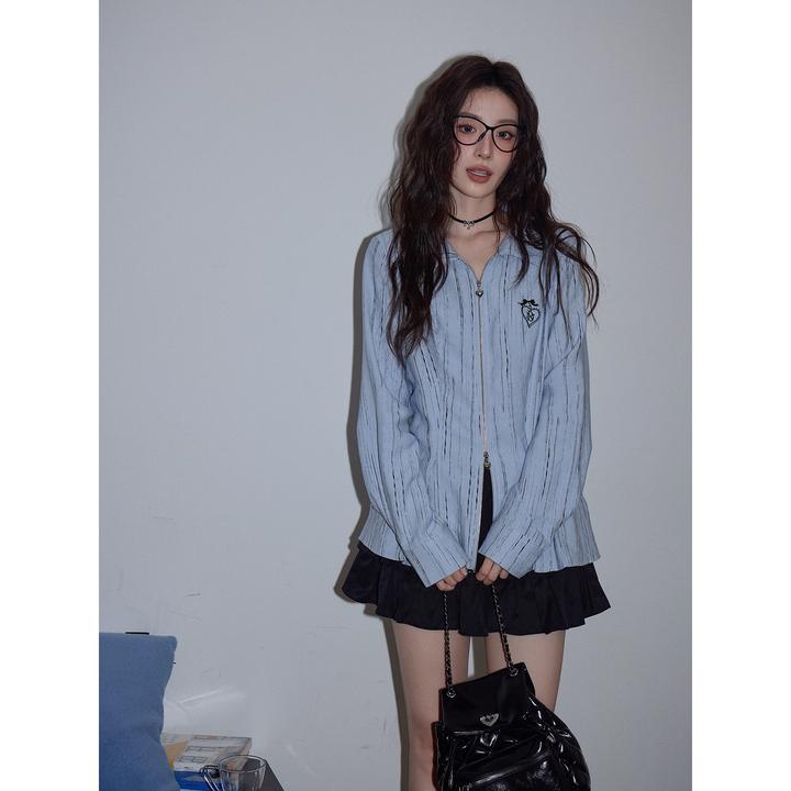 【吵吵家】浅蓝色POLO领双头拉链衬衫上衣女2025秋宽松长袖早秋上衣