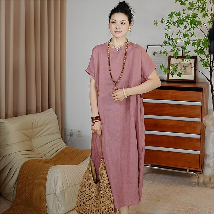 921新100%纯亚麻夏季新款100纯亚麻连衣裙纯色圆领洋气百搭