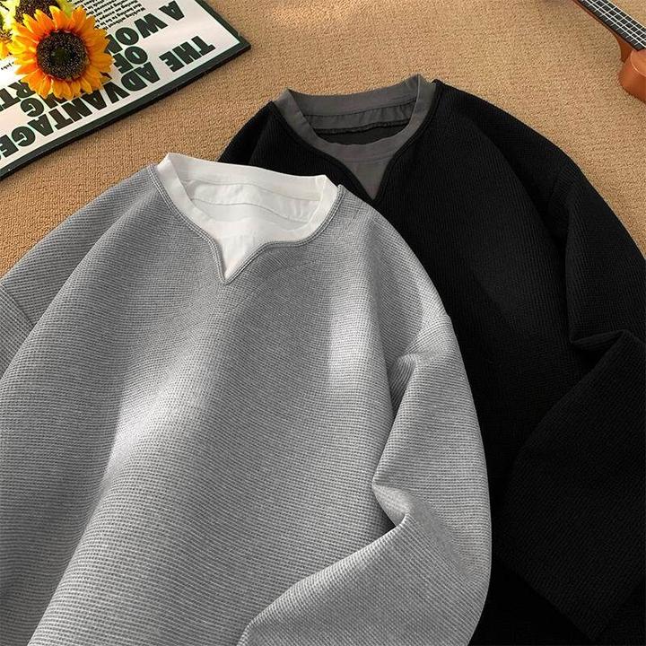 灰色假两件长袖t恤男款秋季美式复古圆领卫衣高级感休闲V领打底衫