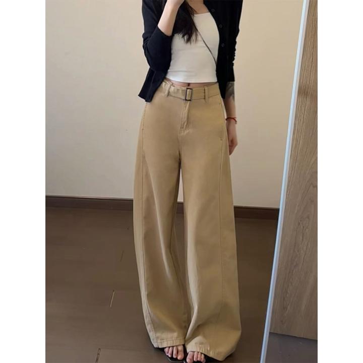 T343【RONZE潮流】美式复古卡其色弯刀休闲牛仔裤高腰宽松显瘦垂感