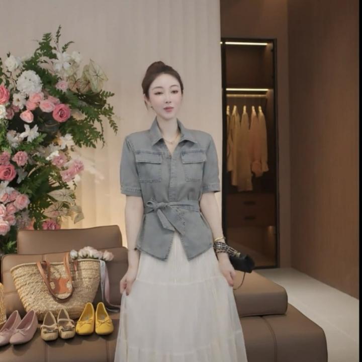 优选-春季新款港风复古收腰系带单排扣翻领牛仔外套女纱裙