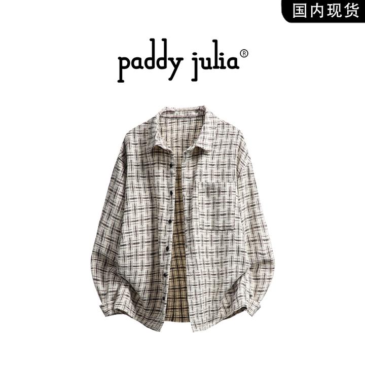Paddy julia高级感格子长袖衬衫青年男生春秋季休闲复古外穿衬衣