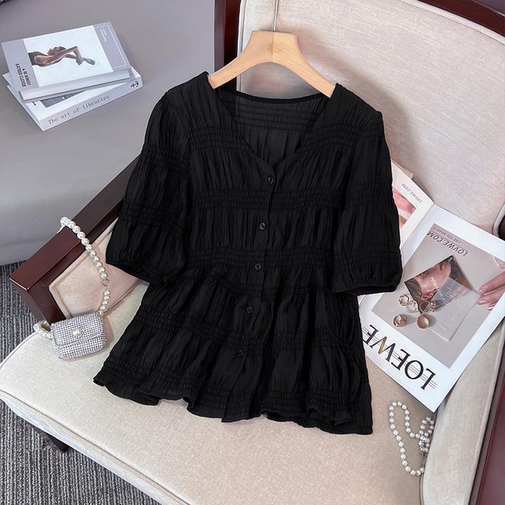 夏季V领百搭衬衫褶皱时尚设计感气质收腰显瘦洋气上衣法式遮肚子