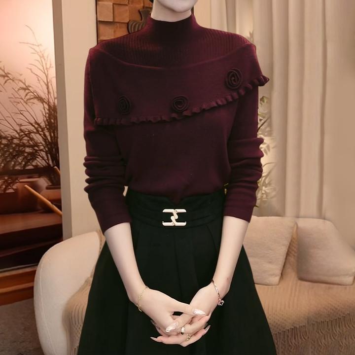 法式设计立体花朵毛针织衫女秋冬新款时髦洋气显瘦半高领百搭上衣