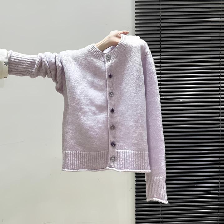 小婉薇韩系紫色圆领针织长袖开衫毛衣女秋冬加厚慵懒宽松外套上衣