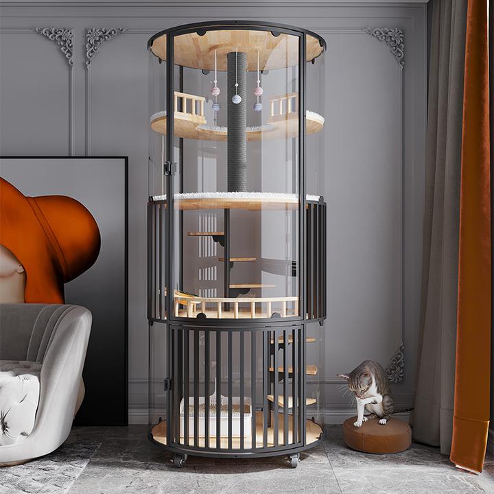 喵赞 圆形猫笼别墅360全景展示高透玻璃豪华猫窝带厕所实木猫屋