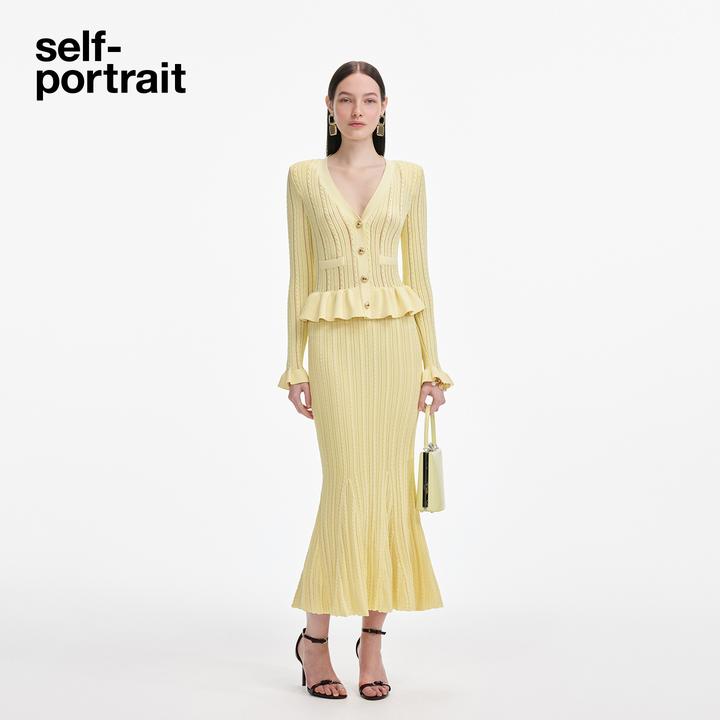 self-portrait 2025早秋新款奶油气质通勤v领针织连衣裙鱼尾裙