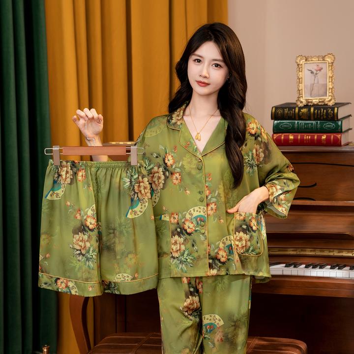 达芬奇密码2025新款欧若风绿萝香扇三件套睡衣宽松女士家居服套装