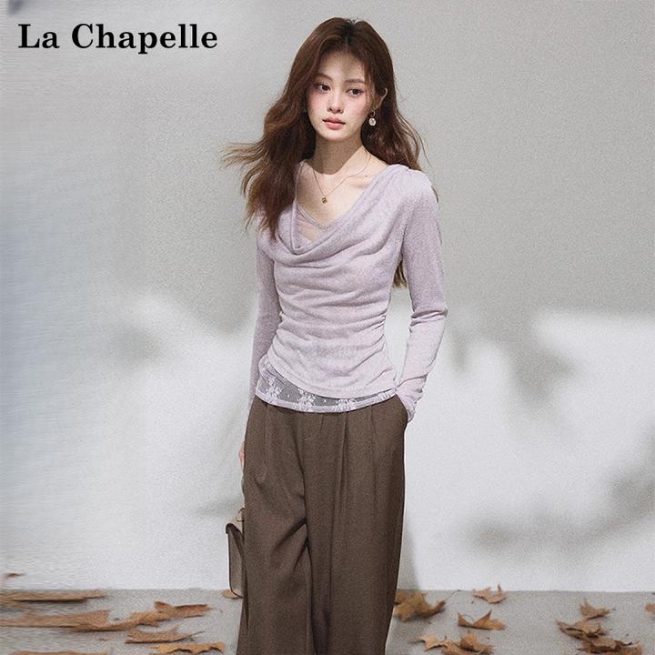 拉夏贝尔浅紫色假两件蕾丝拼接内搭女秋冬季荡领修身显瘦长袖上衣
