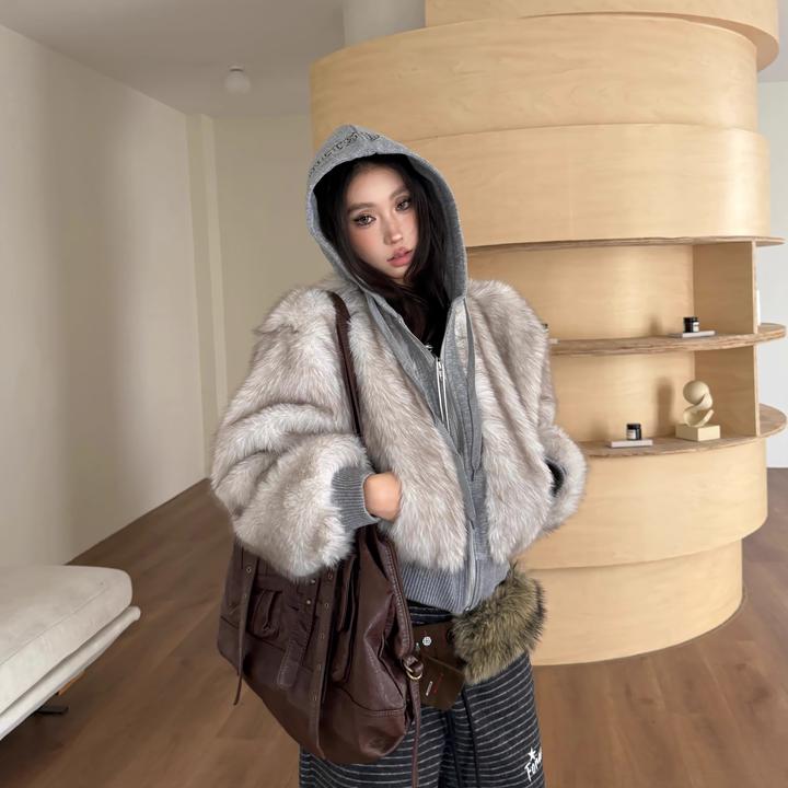 BINXLAN美式环保皮草假两件连帽棉服女冬季辣妹加厚保暖短款夹克