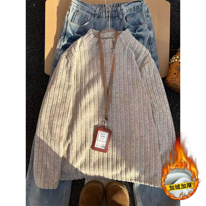 韩系卡其色加绒半高领条纹卫衣男款秋冬复古慵懒感内搭长袖打底衫