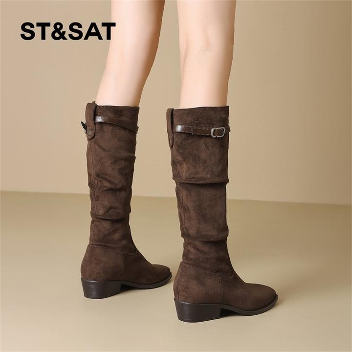 星期六绒面时装靴女2025新款秋季粗跟显瘦堆堆靴爆款美拉德长筒靴