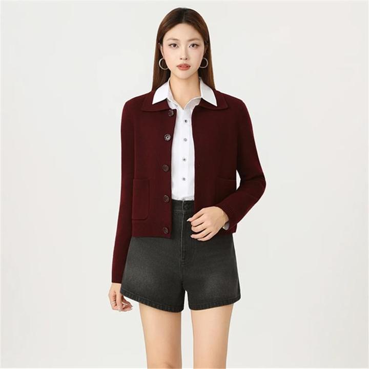 商场同款春秋新款时尚百搭翻领羊毛针织开衫冬季毛衣外套女秋冬