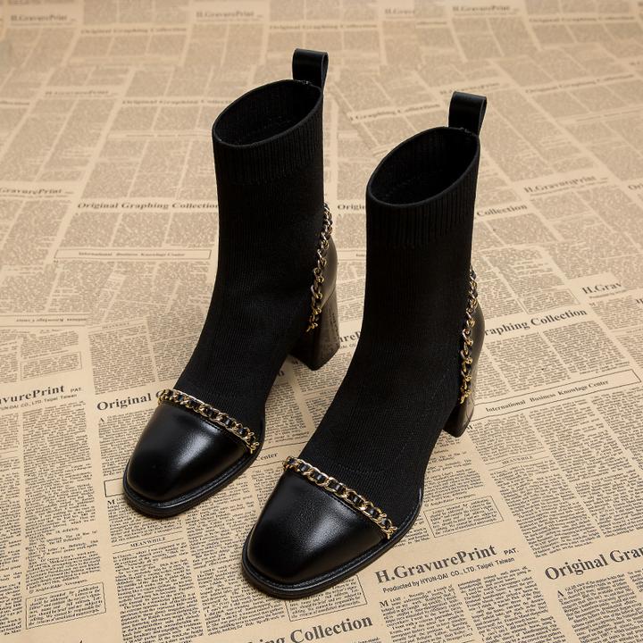 高跟短靴女2023新款秋冬季针织弹力袜子靴春秋单靴粗跟瘦瘦马丁靴