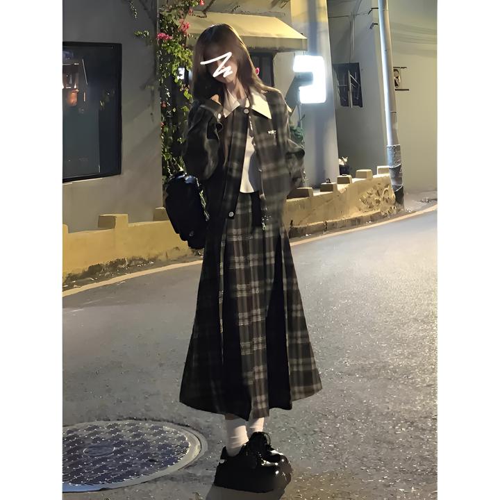 韩系学院风套装女2025年新款秋季长袖翻领拼接格子连衣裙子两件套