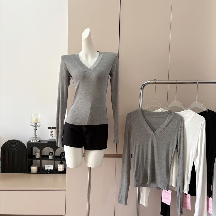 气质修身天丝羊毛长袖T恤女堆堆袖打底深V领透气上衣夏季
