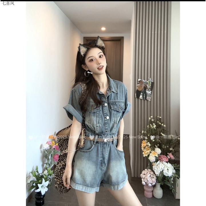 夏日新款宽松复古短袖女连体裤百搭气质水洗牛仔通勤裤子时尚潮人