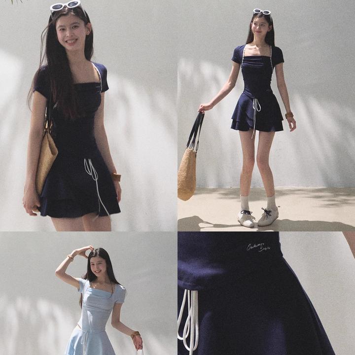 假两件方领短袖上衣+不规则休闲半身裙短裙减龄套装