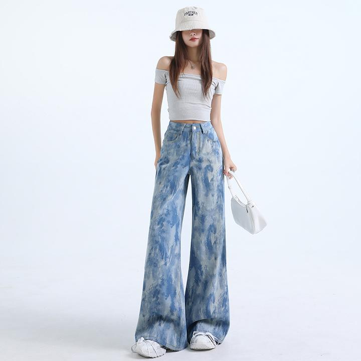 早秋新款浅蓝印花闪粉阔腿喇叭裤长裤和加长-