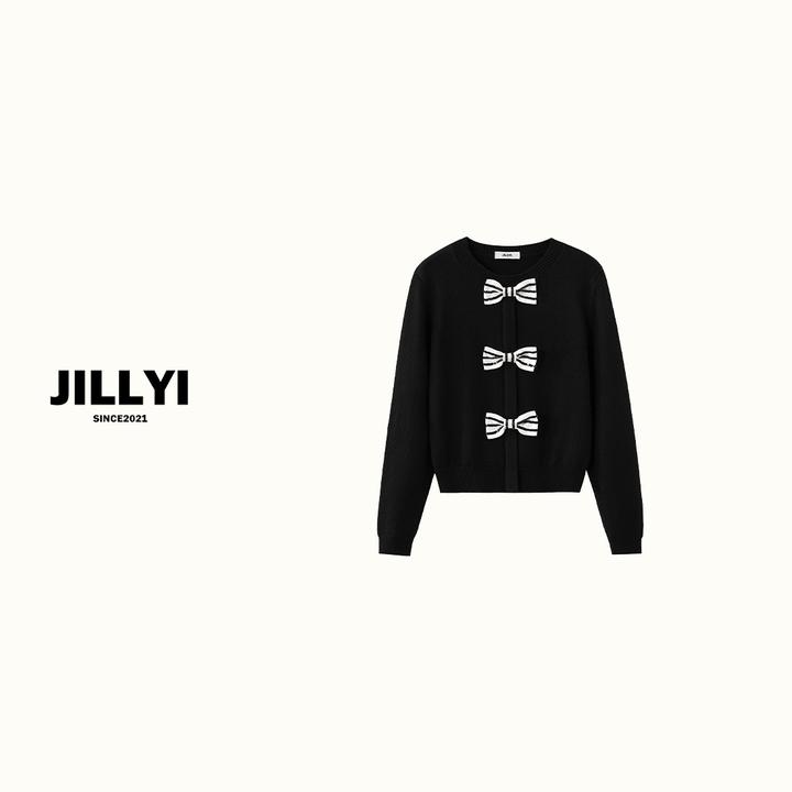 jillyi【黑晶蝴蝶】黑色圆领蝴蝶结单排扣少女风针织开衫时尚百搭