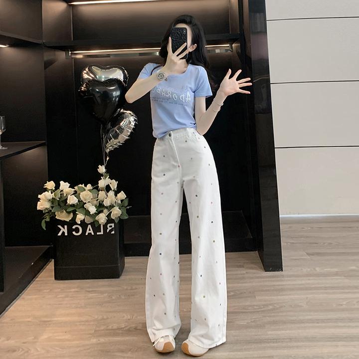 重工刺绣字母U领短款t恤显瘦辣妹半袖衫上衣直筒阔腿牛仔裤拖地裤