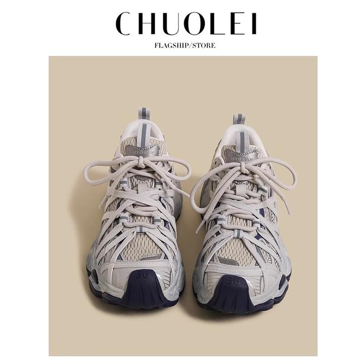 巴黎绑带厚底真皮老爹鞋女鞋2025早春新款小个子超好看网面运动鞋